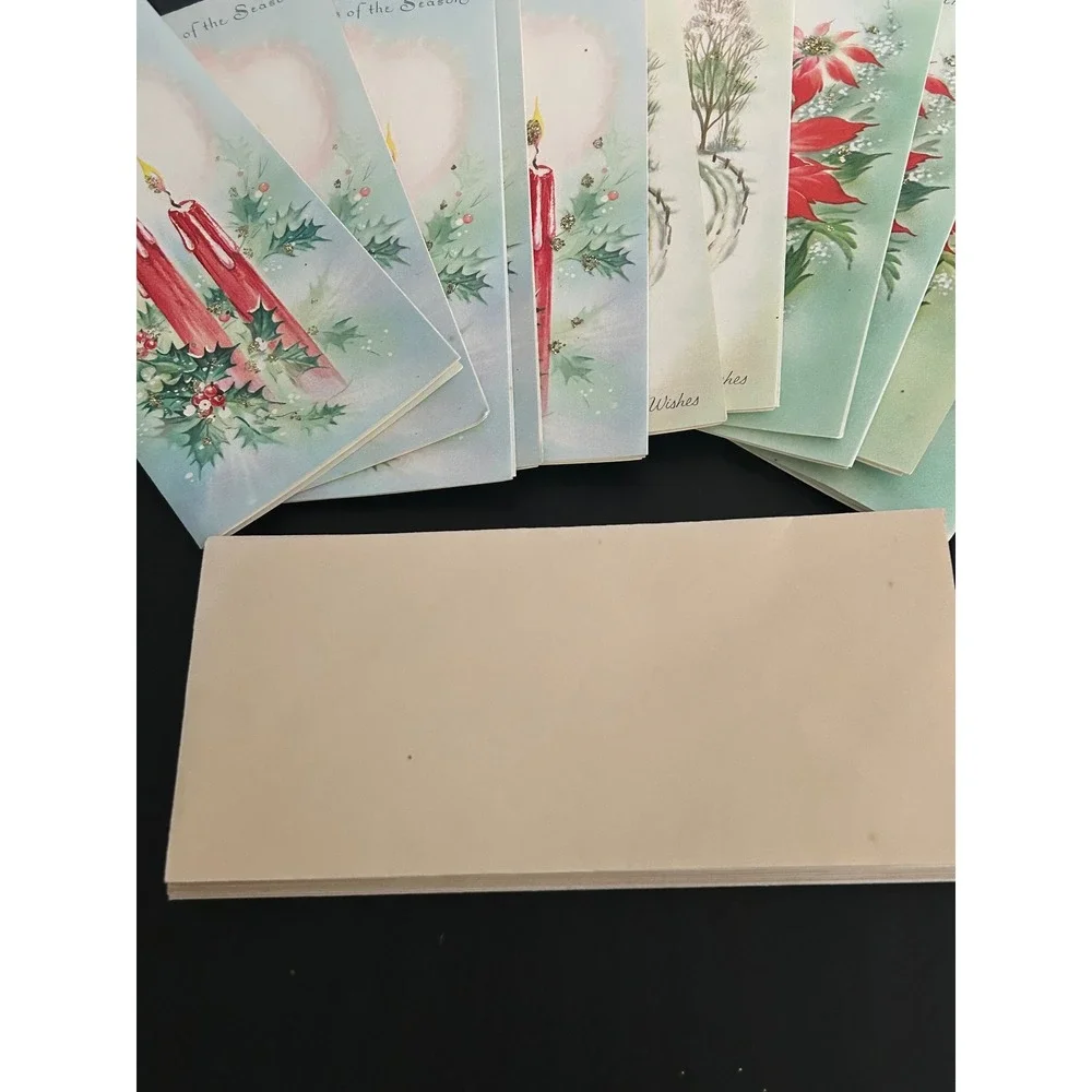 Christmas Cards Glitter Bulk Lot  Vintage Glitter Poinsettia Candle Winter Scene
